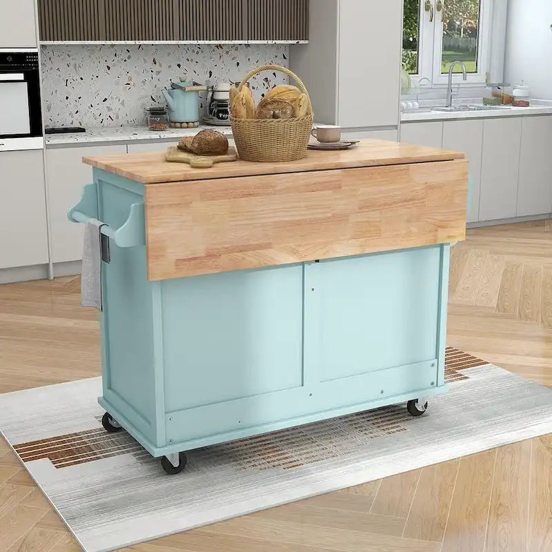 Black / White / Mint Green Drop-Leaf Kitchen Cart with Sliding Barn Door