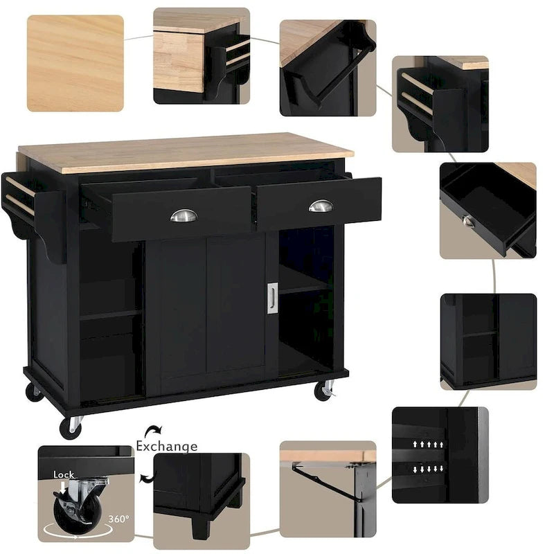 Black / White / Mint Green Drop-Leaf Kitchen Cart with Sliding Barn Door