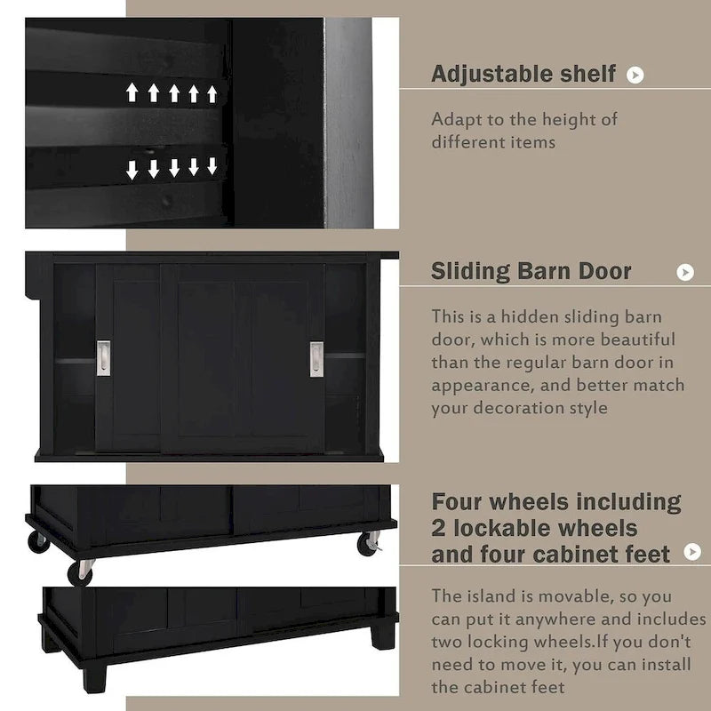 Black / White / Mint Green Drop-Leaf Kitchen Cart with Sliding Barn Door