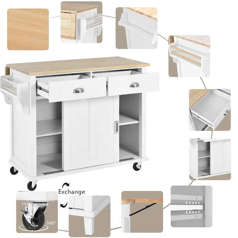 Black / White / Mint Green Drop-Leaf Kitchen Cart with Sliding Barn Door