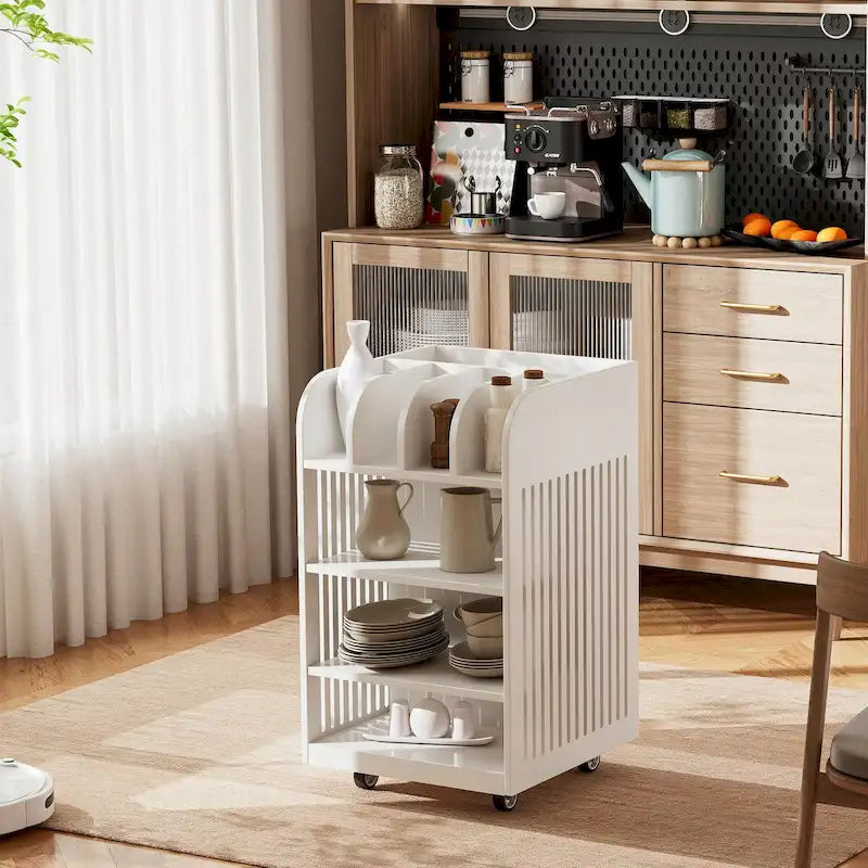 Black / White 6-Tier Kitchen Island Cart with Spice Rack & Locking Casters