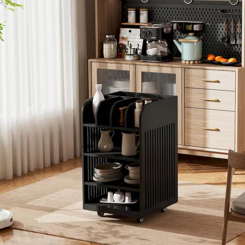 Black / White 6-Tier Kitchen Island Cart with Spice Rack & Locking Casters