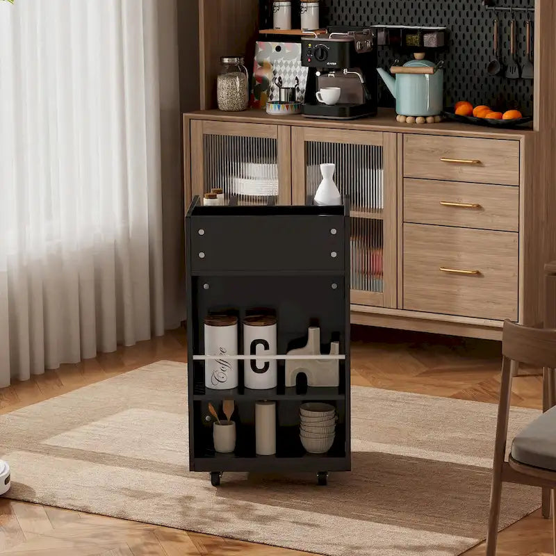 Black / White 6-Tier Kitchen Island Cart with Spice Rack & Locking Casters