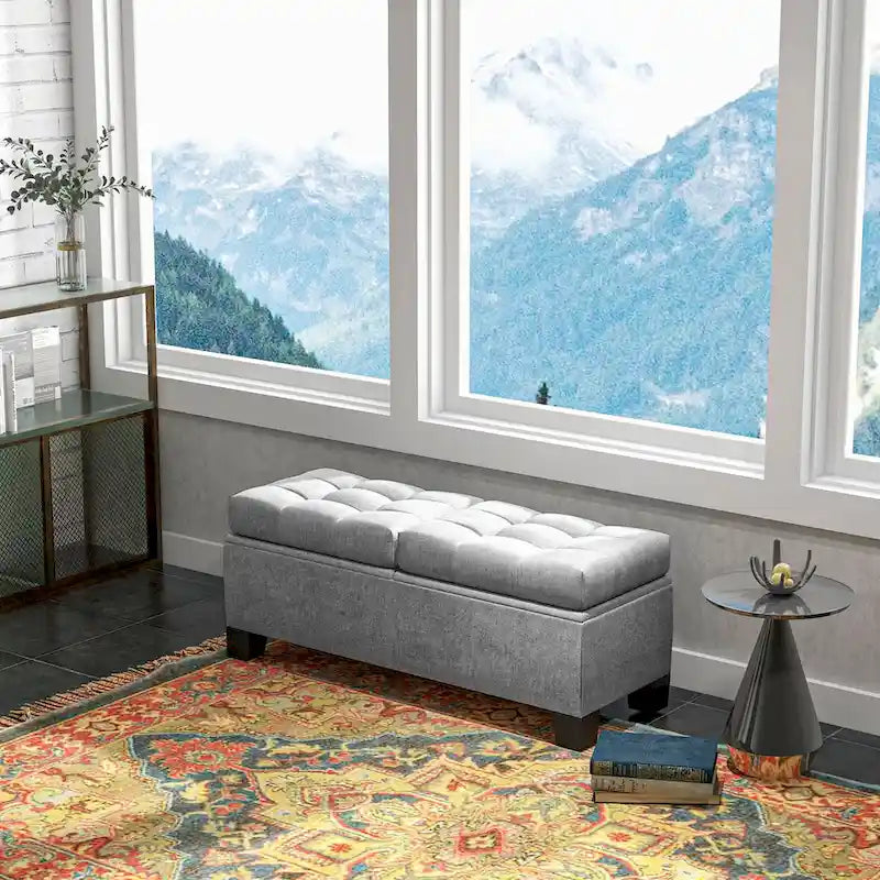 Gray Button-Tufted Storage Bench, Linen, Seats 1