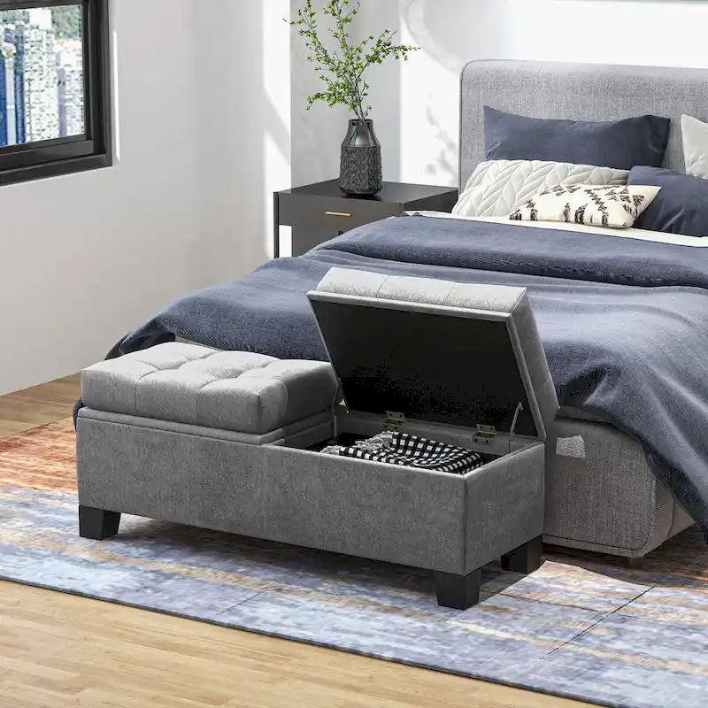 Gray Button-Tufted Storage Bench, Linen, Seats 1