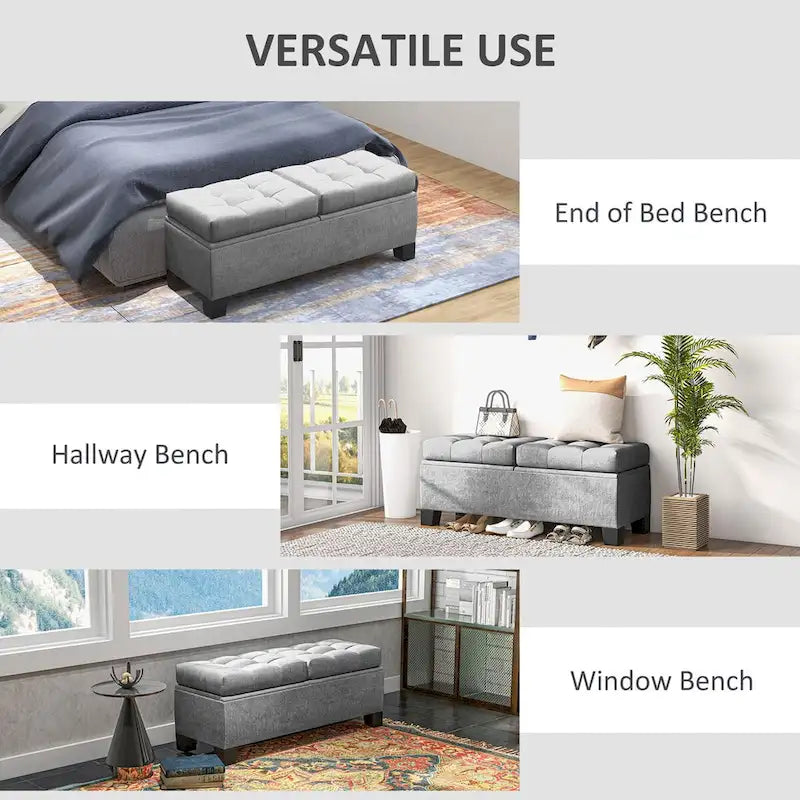 Gray Button-Tufted Storage Bench, Linen, Seats 1