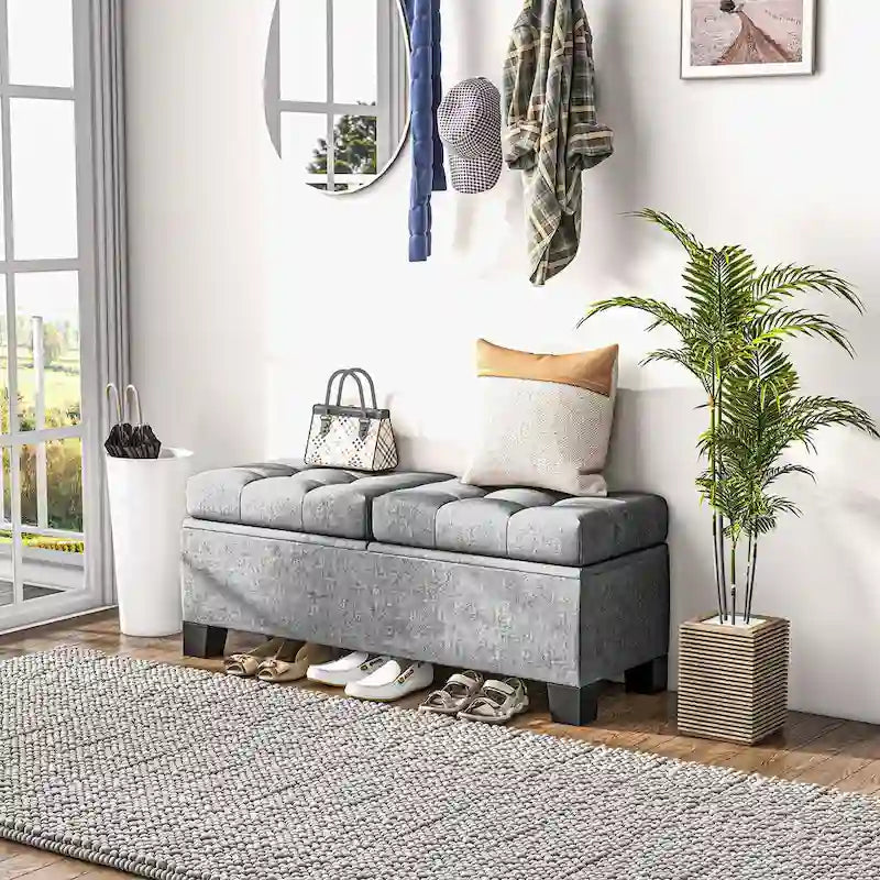 Gray Button-Tufted Storage Bench, Linen, Seats 1