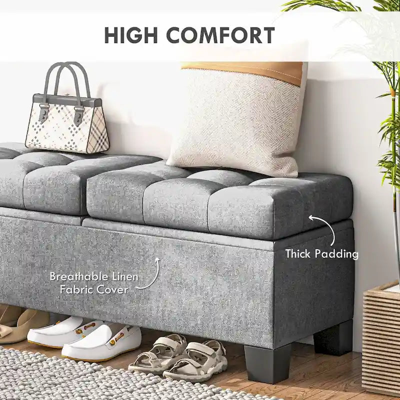 Gray Button-Tufted Storage Bench, Linen, Seats 1