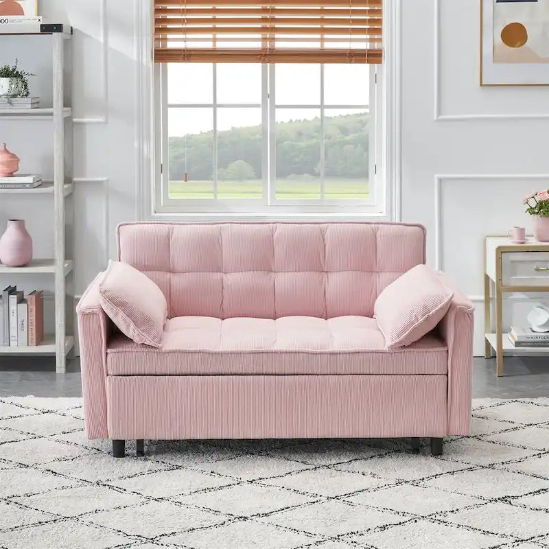 Beige / Pink / Orange / Grey Corduroy Sofa Bed, Adjustable Back, 2-Seater