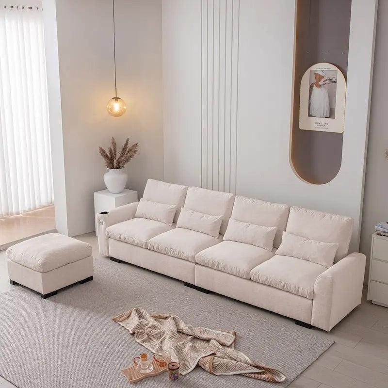 Beige L-Shaped Chenille Sectional Sofa with Reversible Ottoman, Seats 4