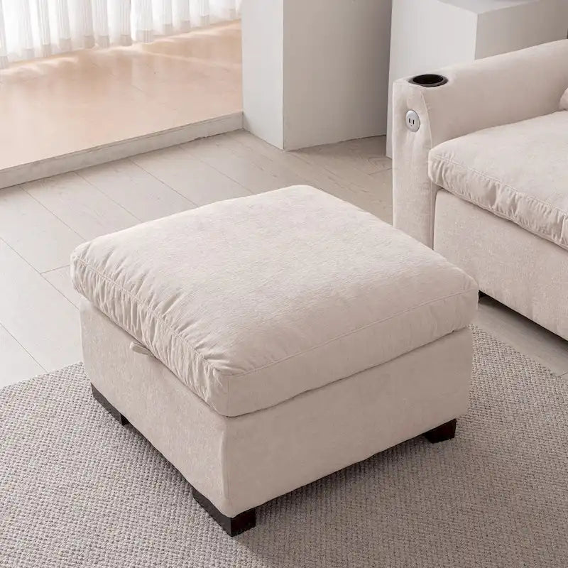 Beige L-Shaped Chenille Sectional Sofa with Reversible Ottoman, Seats 4