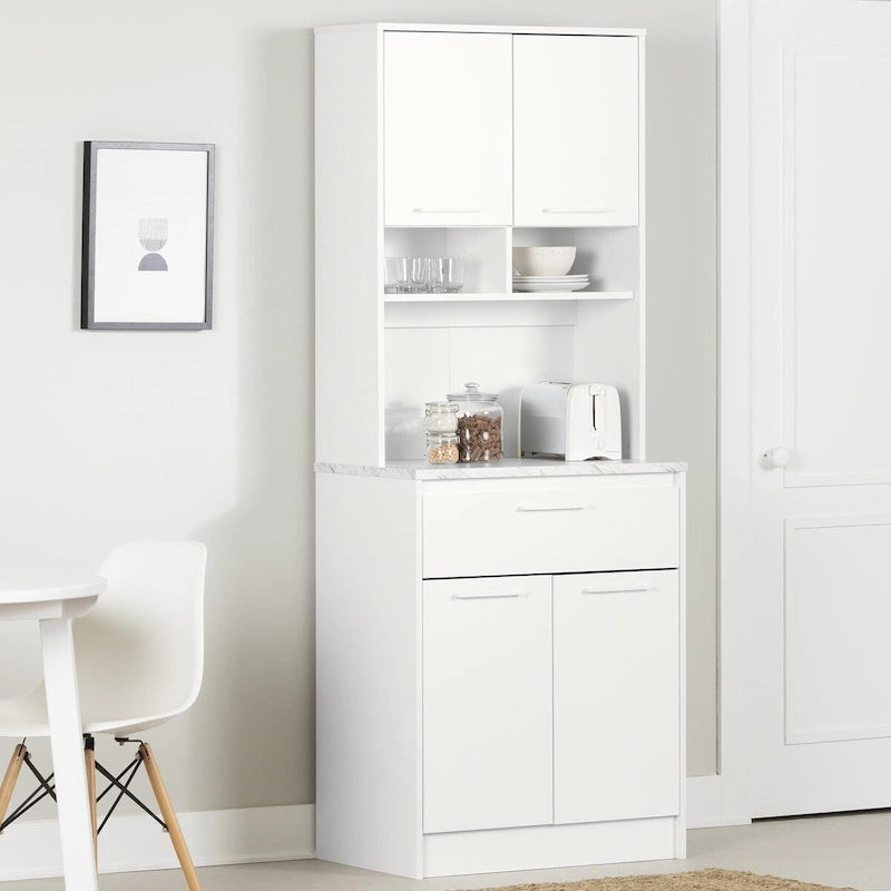 Faux White Marble & White | 2-Door Pantry Cabinet with Hutch & Drawer