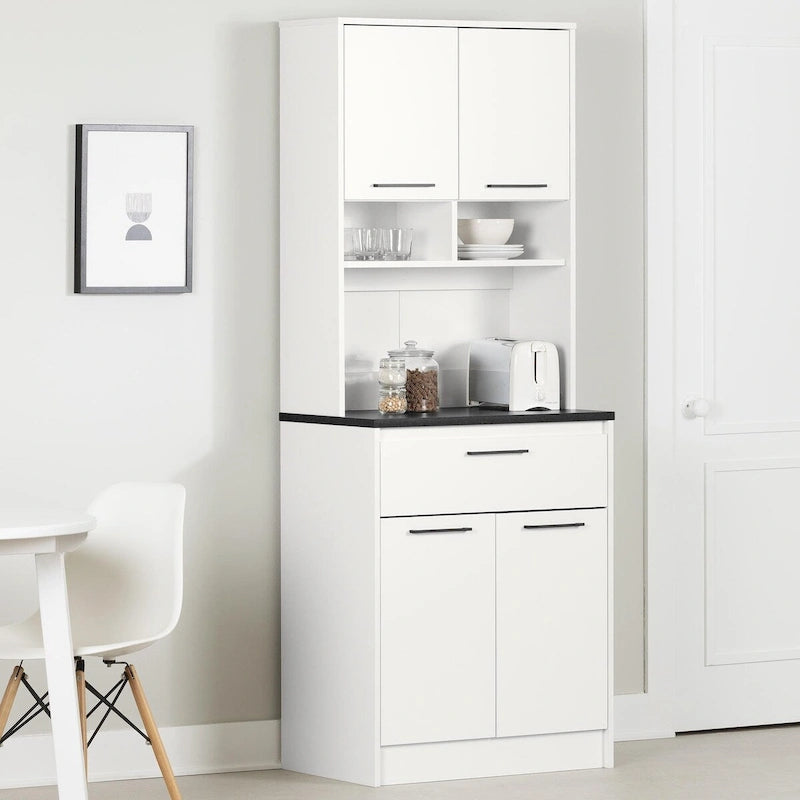 Faux White Marble & White | 2-Door Pantry Cabinet with Hutch & Drawer