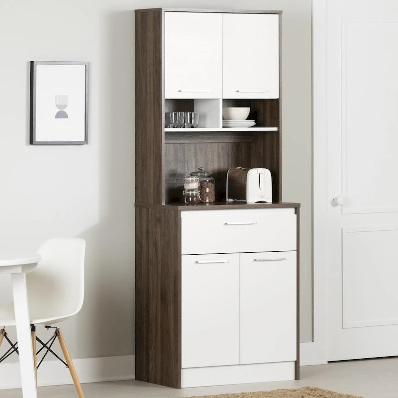 Faux White Marble & White | 2-Door Pantry Cabinet with Hutch & Drawer