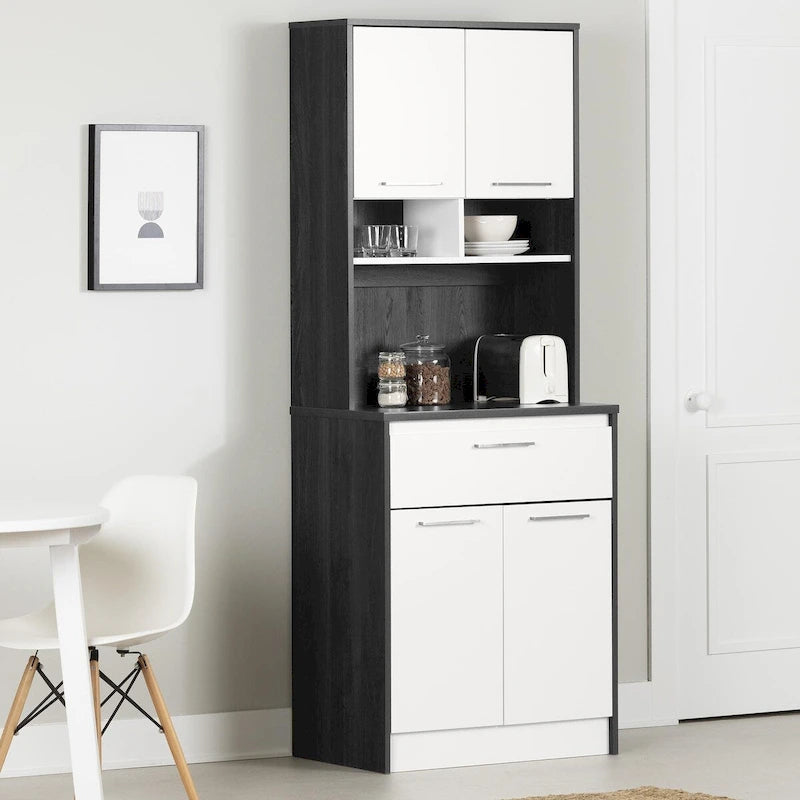 Faux White Marble & White | 2-Door Pantry Cabinet with Hutch & Drawer