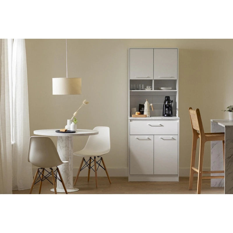 Faux White Marble & White | 2-Door Pantry Cabinet with Hutch & Drawer