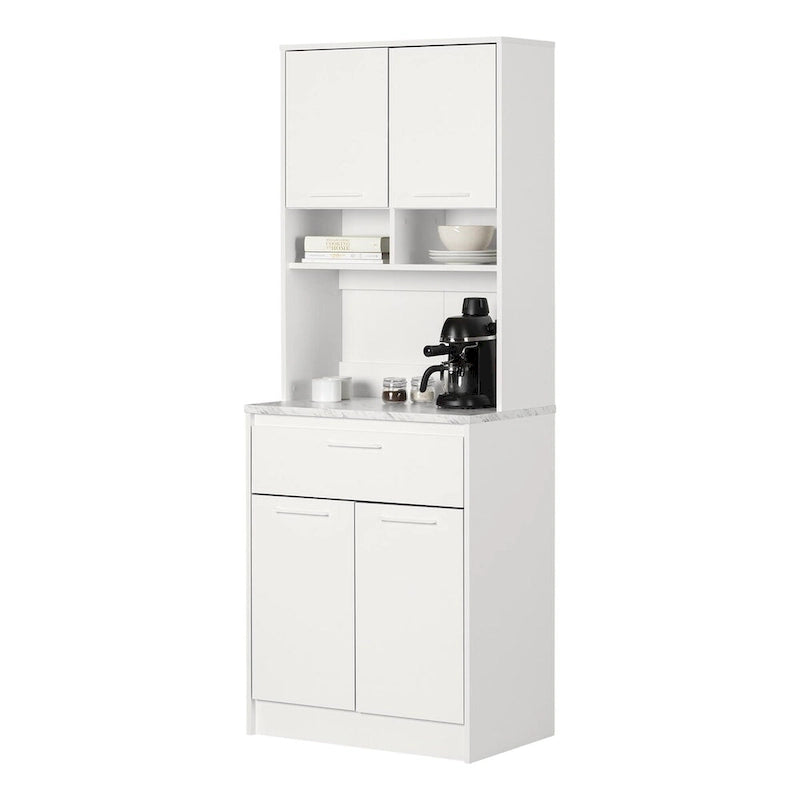 Faux White Marble & White | 2-Door Pantry Cabinet with Hutch & Drawer
