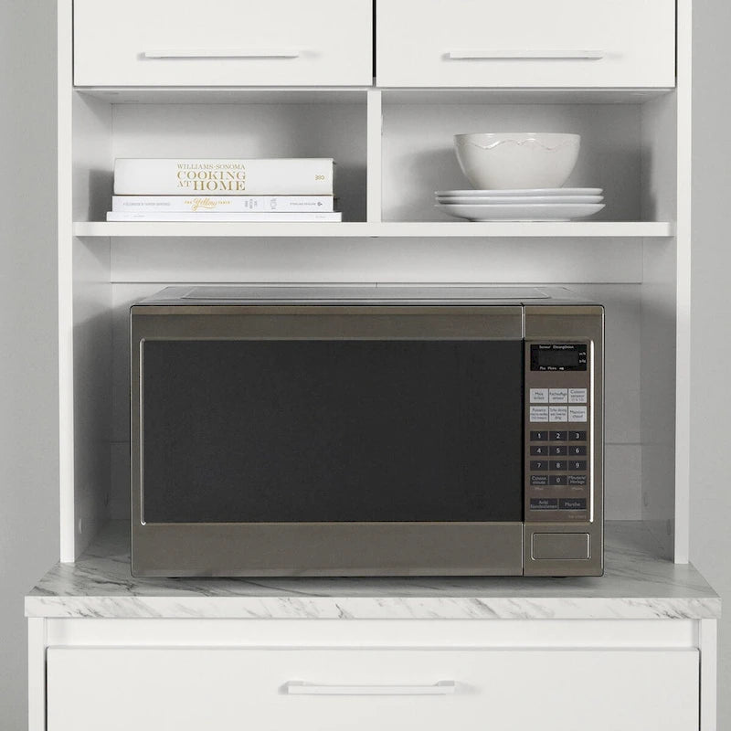 Faux White Marble & White | 2-Door Pantry Cabinet with Hutch & Drawer