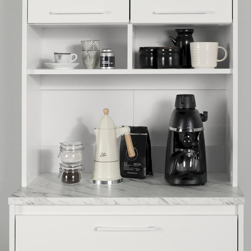 Faux White Marble & White | 2-Door Pantry Cabinet with Hutch & Drawer