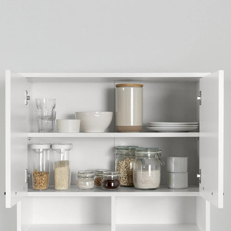 Faux White Marble & White | 2-Door Pantry Cabinet with Hutch & Drawer