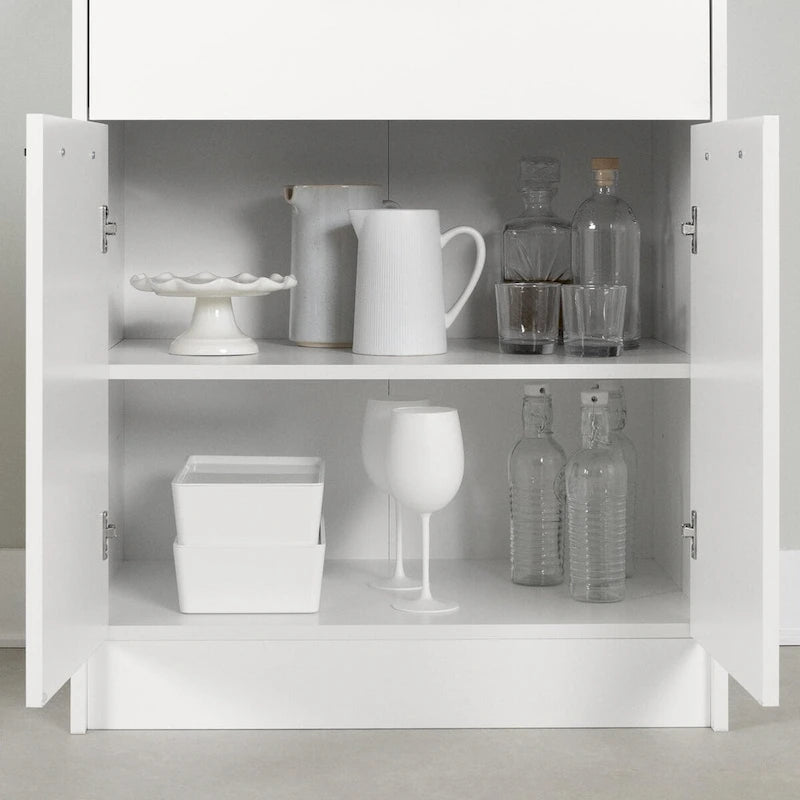 Faux White Marble & White | 2-Door Pantry Cabinet with Hutch & Drawer