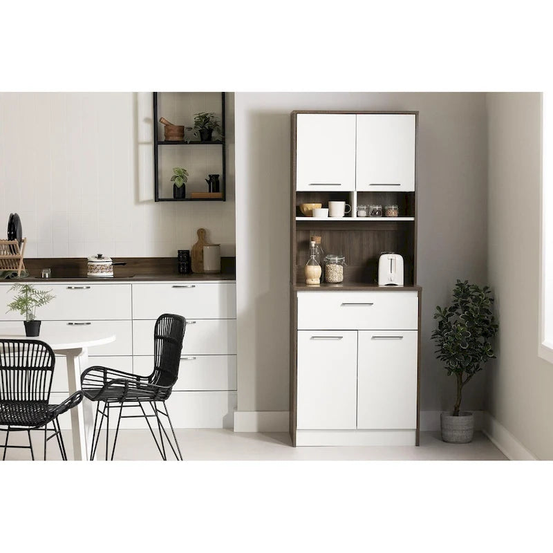 Faux White Marble & White | 2-Door Pantry Cabinet with Hutch & Drawer