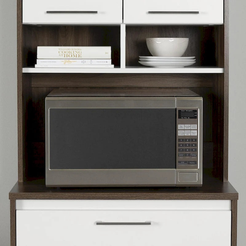 Faux White Marble & White | 2-Door Pantry Cabinet with Hutch & Drawer