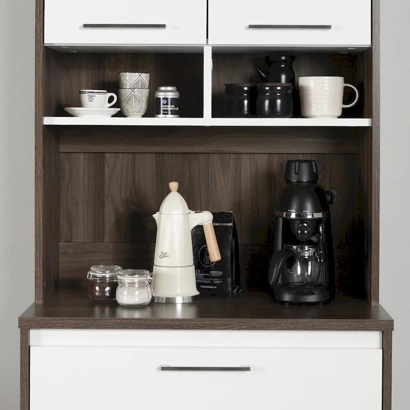 Faux White Marble & White | 2-Door Pantry Cabinet with Hutch & Drawer