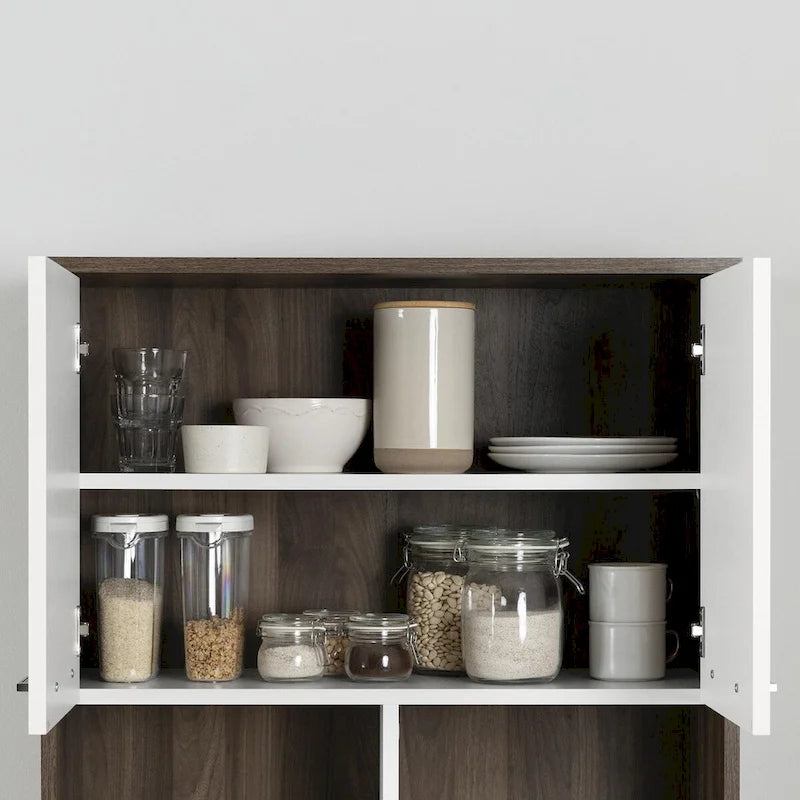Faux White Marble & White | 2-Door Pantry Cabinet with Hutch & Drawer