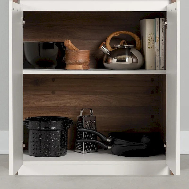 Faux White Marble & White | 2-Door Pantry Cabinet with Hutch & Drawer