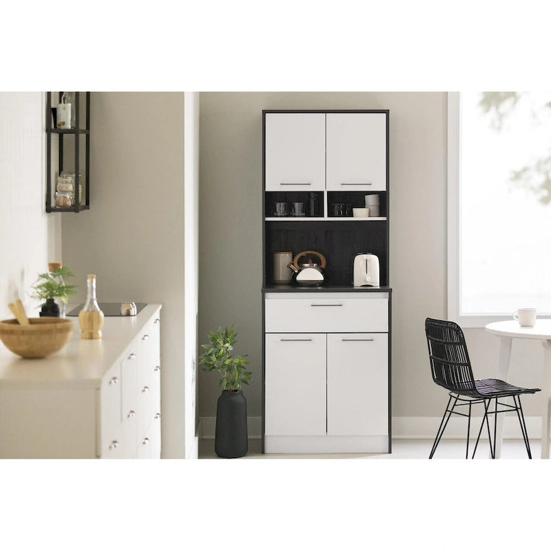 Faux White Marble & White | 2-Door Pantry Cabinet with Hutch & Drawer