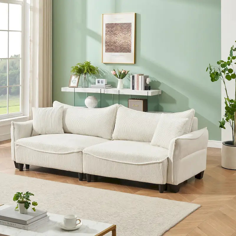 White / Grey / Green Corduroy 2-Seat Sofa Bed with 2 Pillows