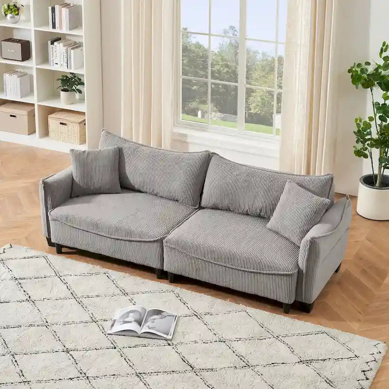 White / Grey / Green Corduroy 2-Seat Sofa Bed with 2 Pillows