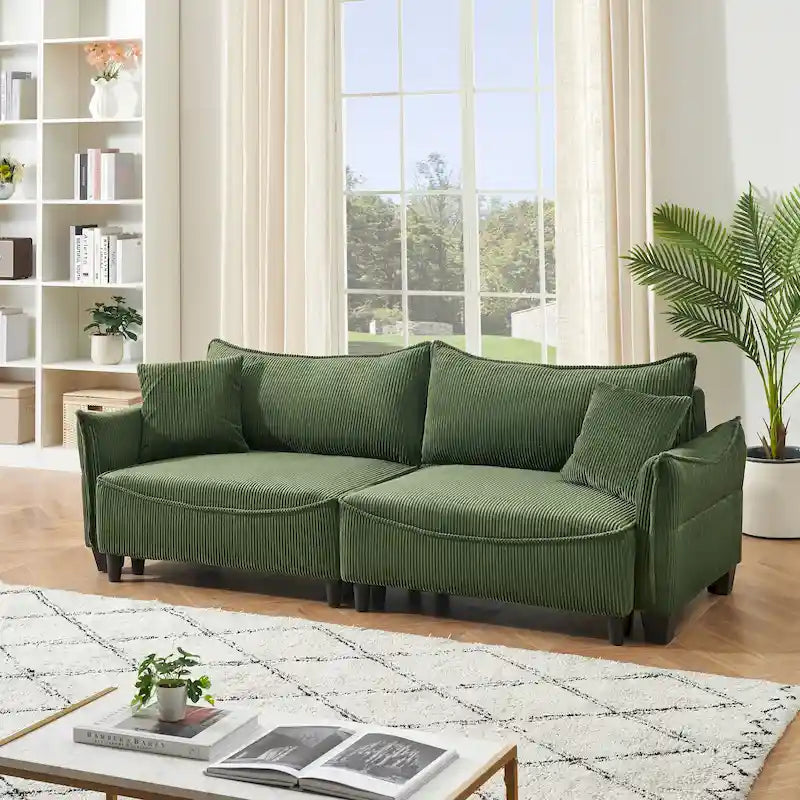 White / Grey / Green Corduroy 2-Seat Sofa Bed with 2 Pillows