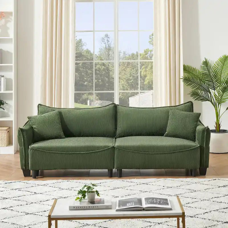 White / Grey / Green Corduroy 2-Seat Sofa Bed with 2 Pillows