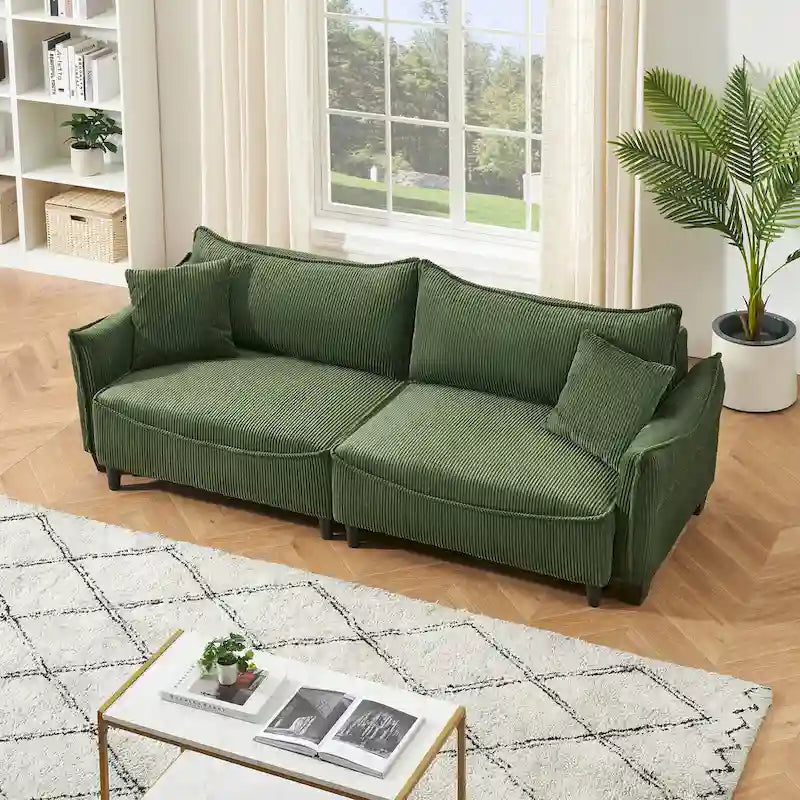 White / Grey / Green Corduroy 2-Seat Sofa Bed with 2 Pillows