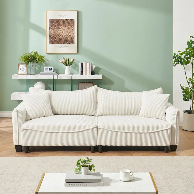 White / Grey / Green Corduroy 2-Seat Sofa Bed with 2 Pillows