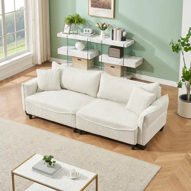 White / Grey / Green Corduroy 2-Seat Sofa Bed with 2 Pillows