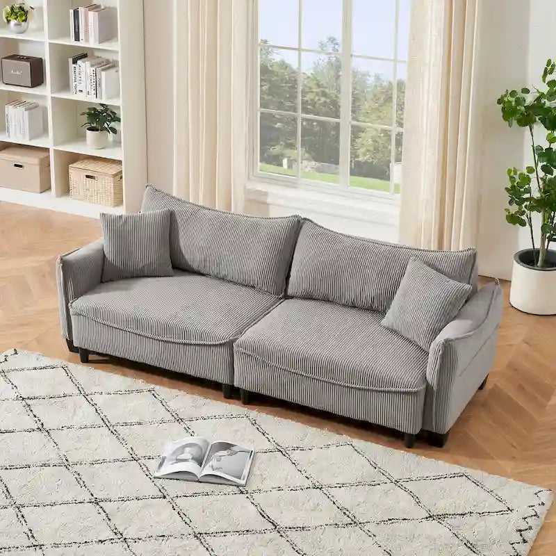 White / Grey / Green Corduroy 2-Seat Sofa Bed with 2 Pillows