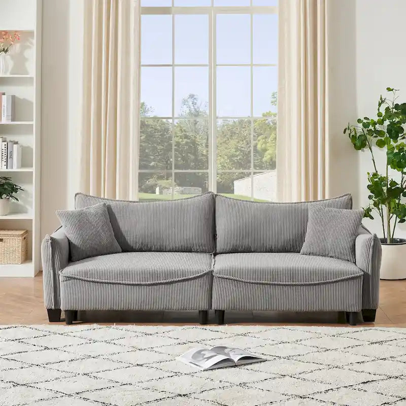 White / Grey / Green Corduroy 2-Seat Sofa Bed with 2 Pillows
