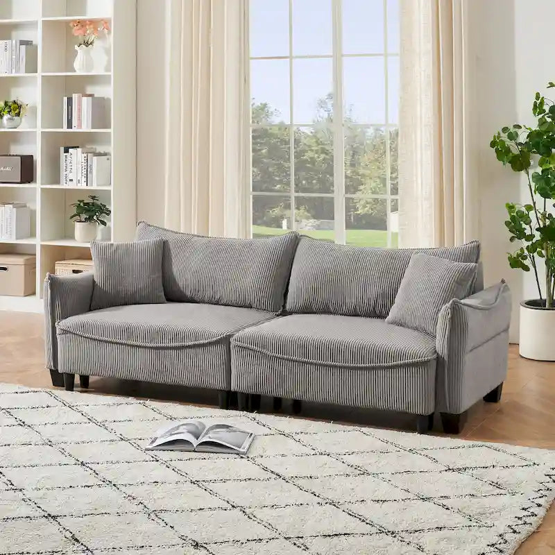 White / Grey / Green Corduroy 2-Seat Sofa Bed with 2 Pillows