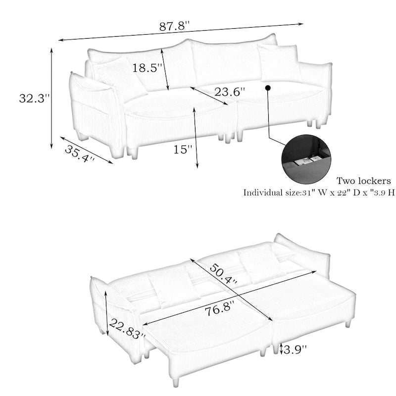 White / Grey / Green Corduroy 2-Seat Sofa Bed with 2 Pillows