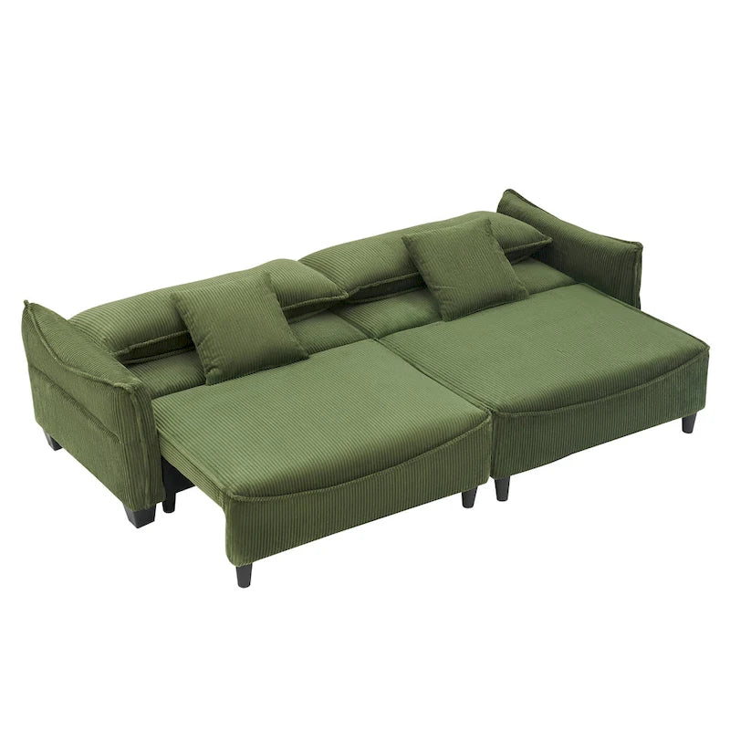 White / Grey / Green Corduroy 2-Seat Sofa Bed with 2 Pillows