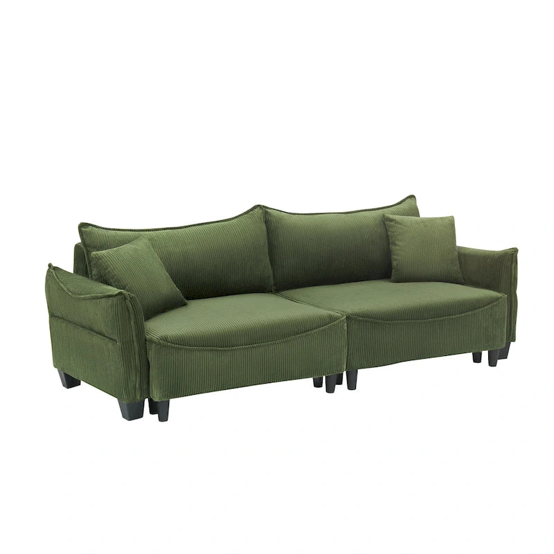 White / Grey / Green Corduroy 2-Seat Sofa Bed with 2 Pillows