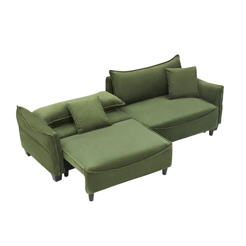 White / Grey / Green Corduroy 2-Seat Sofa Bed with 2 Pillows
