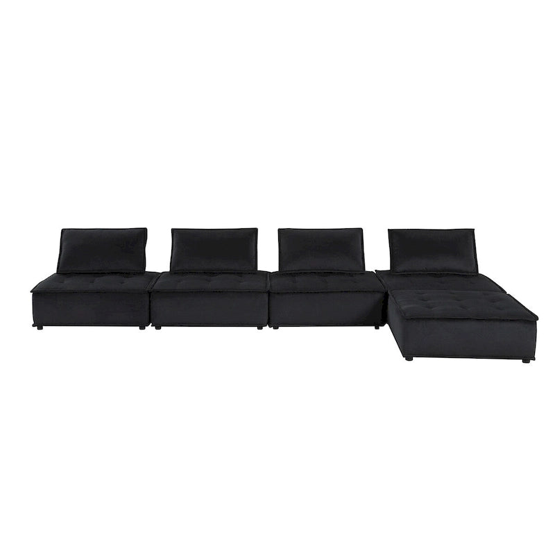 Velvet Modular Sectional Sofa with Ottoman, 5-Seat (Light Gray / Black)
