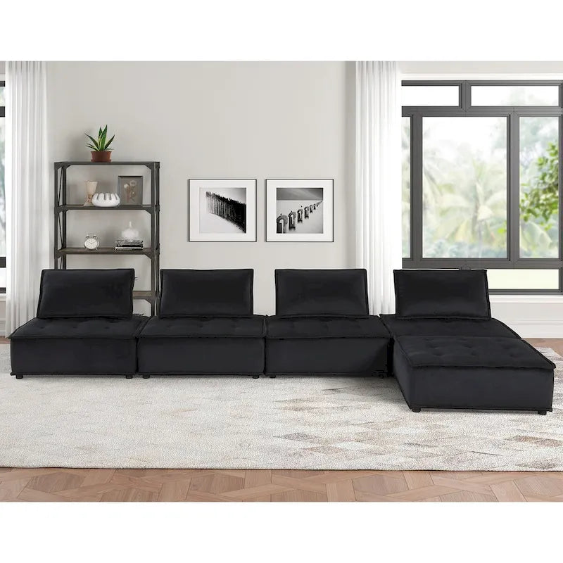 Velvet Modular Sectional Sofa with Ottoman, 5-Seat (Light Gray / Black)