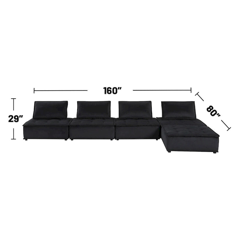 Velvet Modular Sectional Sofa with Ottoman, 5-Seat (Light Gray / Black)
