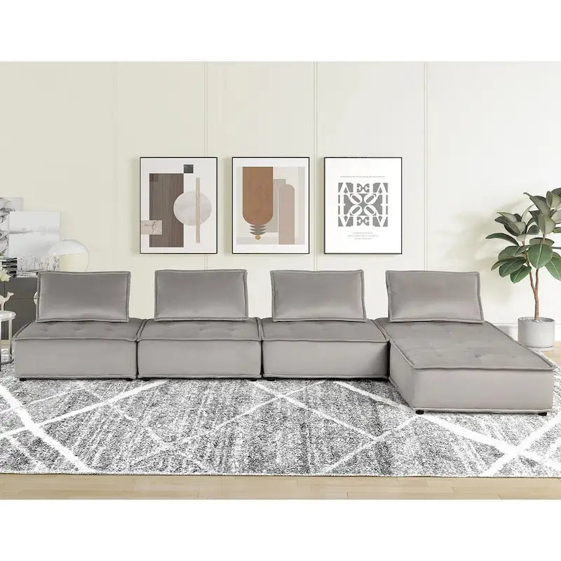 Velvet Modular Sectional Sofa with Ottoman, 5-Seat (Light Gray / Black)
