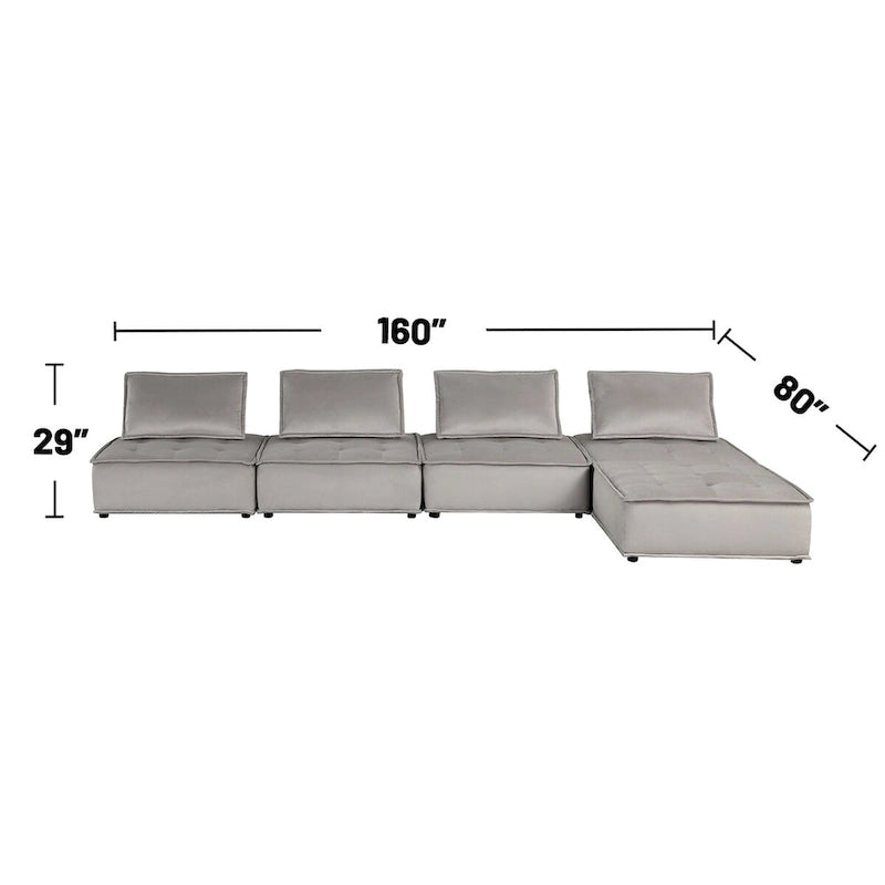 Velvet Modular Sectional Sofa with Ottoman, 5-Seat (Light Gray / Black)